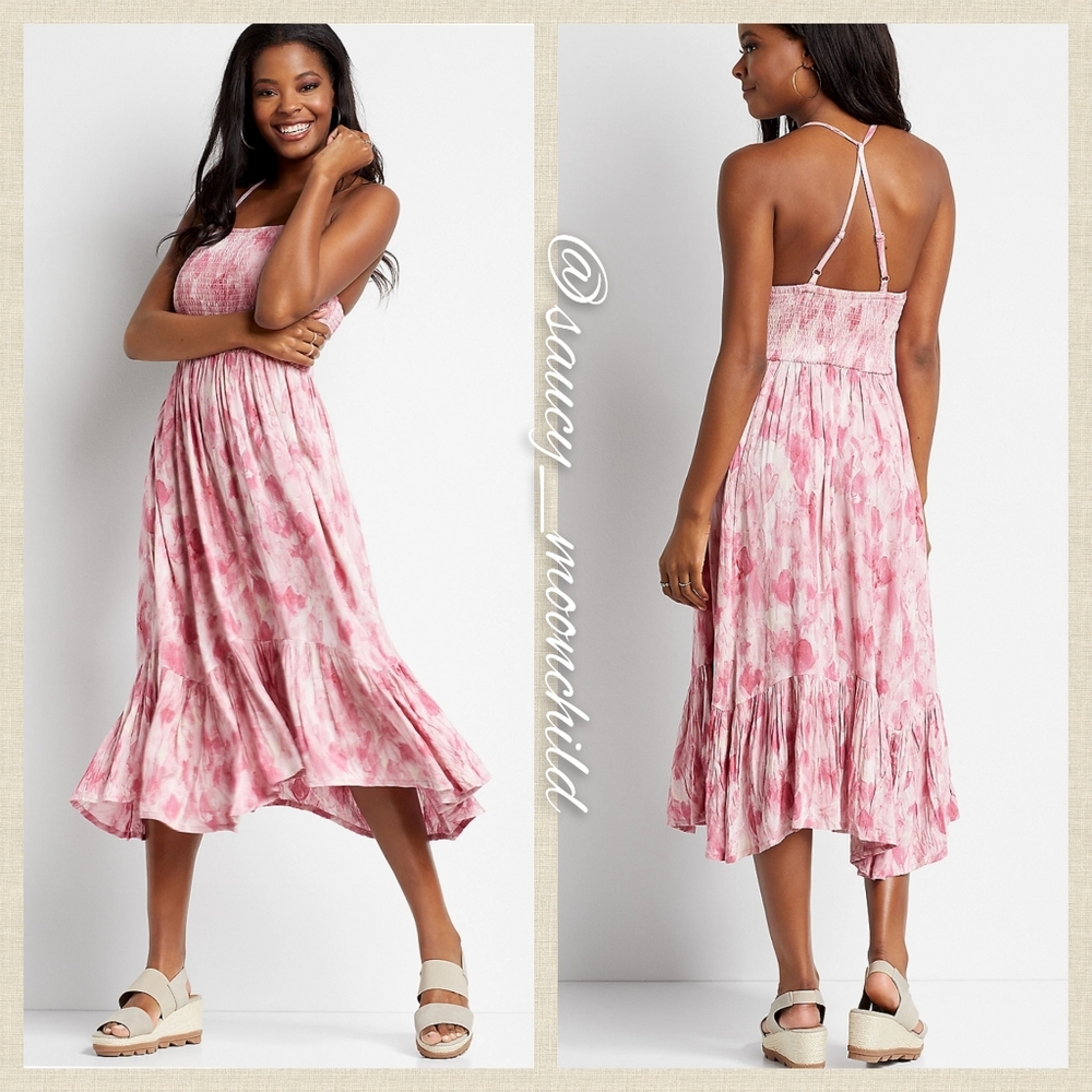 Maurices • Boho Pink Tie Dye Smocked Rayon Strappy Midi Dress XL